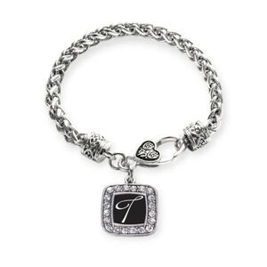 NEW INSPIRED SILVER BRAND LETTER T SQUARE CHARM BRAIDED BRACELET w/POUCH